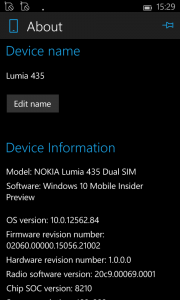Lumia 435 device information