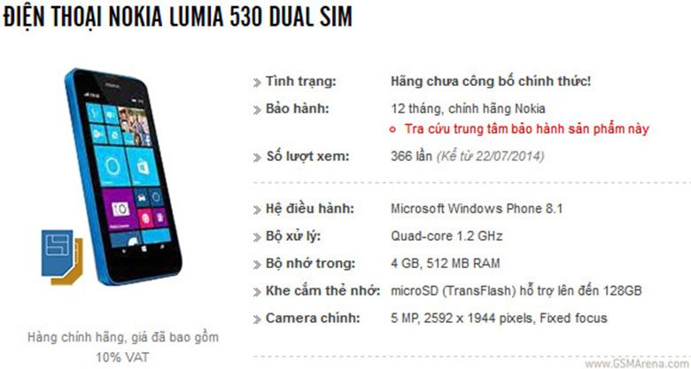 Lumia 530 listing