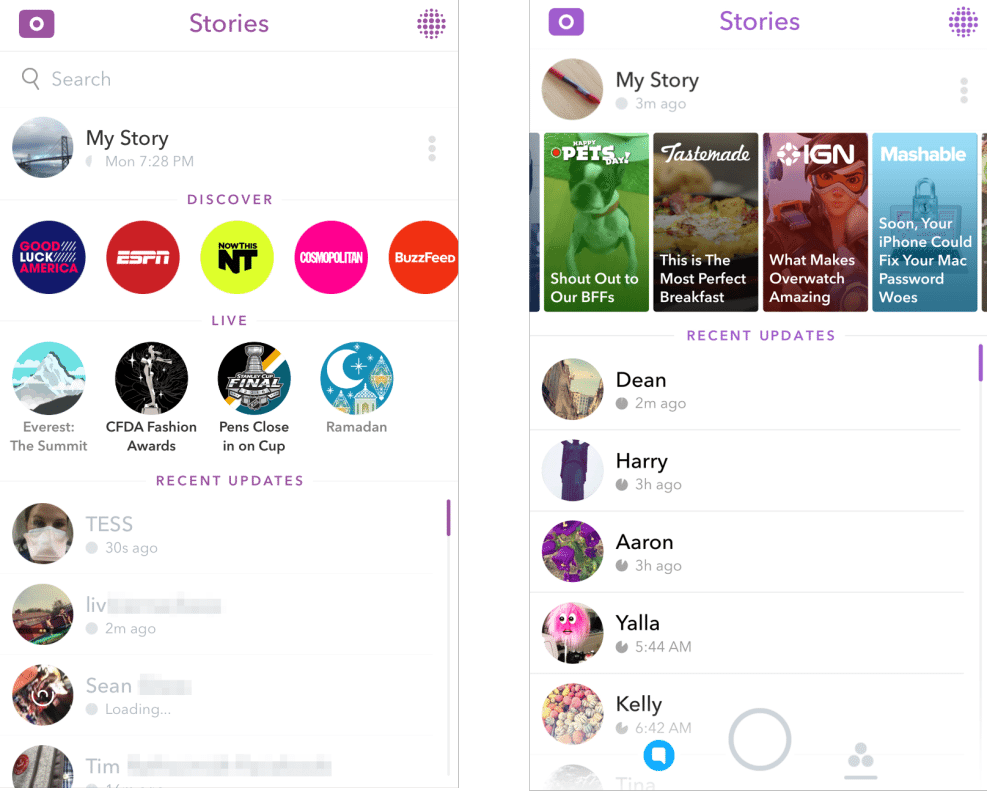 Snapchat stories left is the old right is new