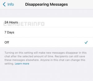 WhatsApp disappearing messages setup screen