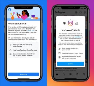Facebook and Instagram's educational screen on iOS 14.5