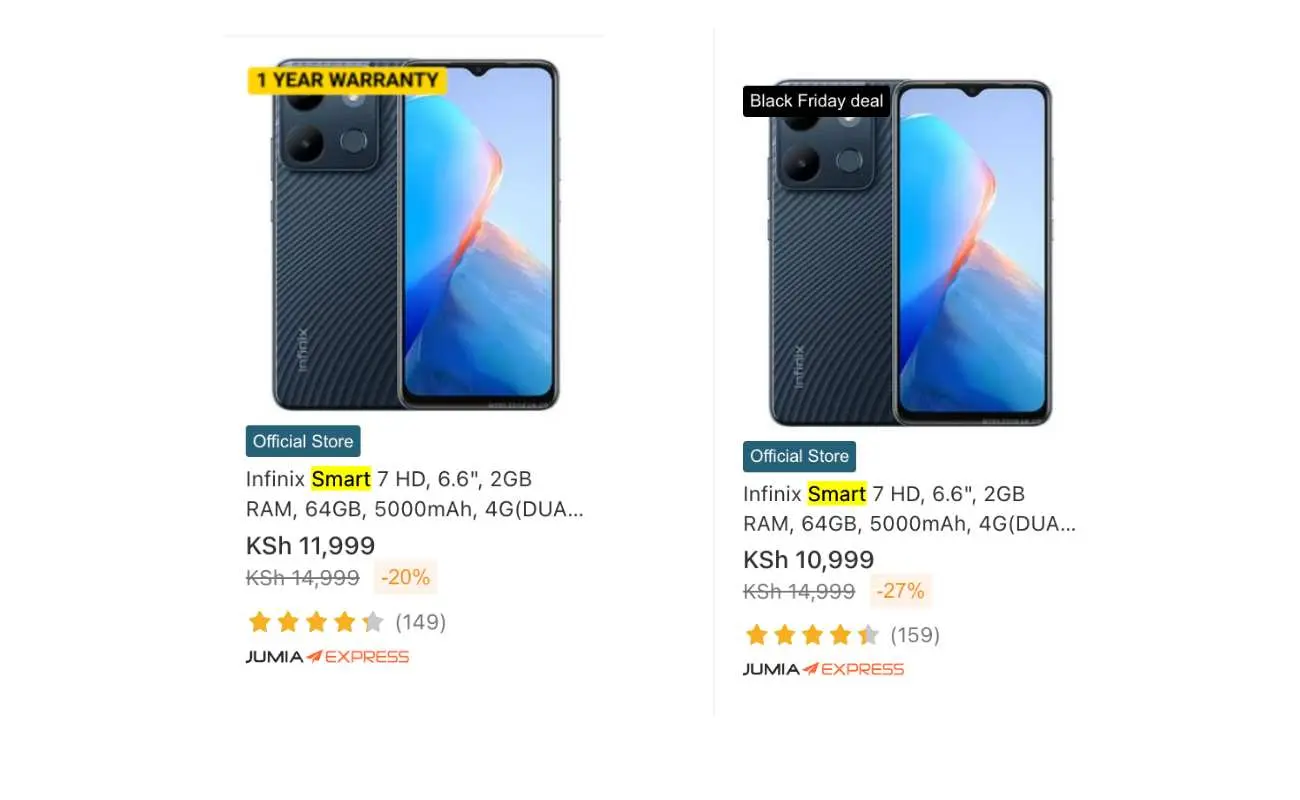 Infinix Smart 7 before black friday (left), During Black Friday (Right)