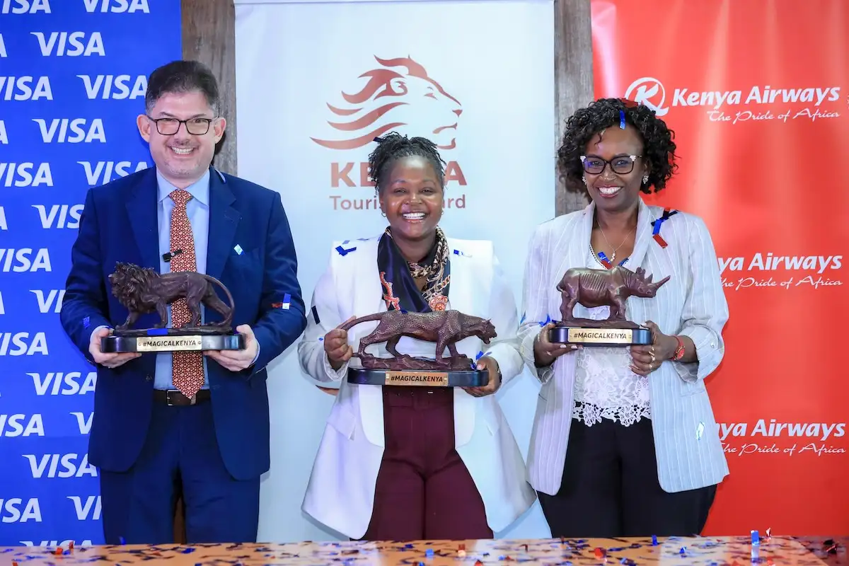 Kenya Taps Visa Data and Kenya Airways Discounts to Boost Tourism Recovery in New Campaign Michael Berner (VISA), Ms. June Chepkemei (Kenya Tourism Board) and Rose Kiseli (Kenya Airways)
