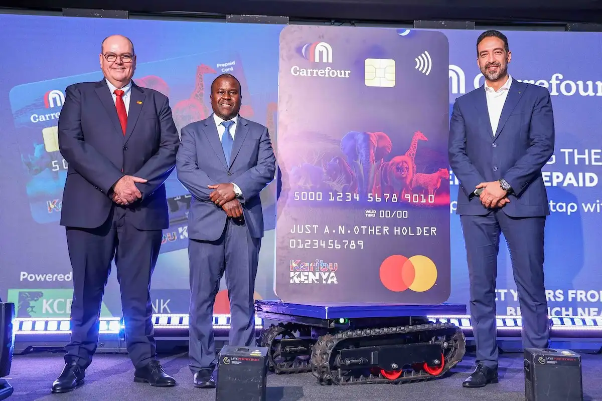 Carrefour, KCB Bank and Mastercard Launch Prepaid Card for Shoppers Gabriel Swanepoel, Mastercard, John Wagacha, KCB Bank Kenya and Rachid Nouri, Majid Al Futtaim Retail